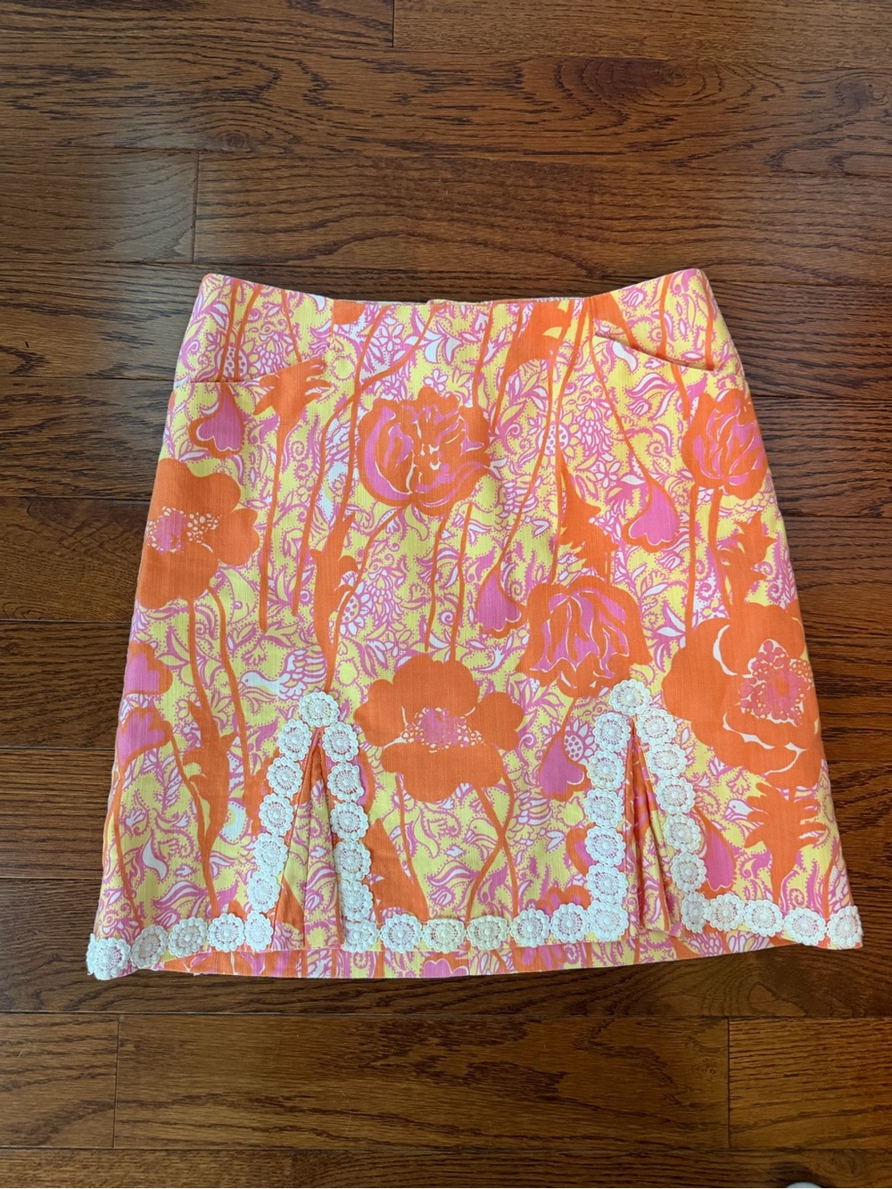 Lilly Pulitzer Orange & Pink Floral Mini Skirt with Cream Lace